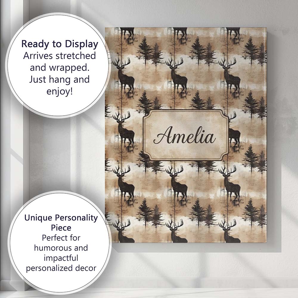 Personalised Name Rustic Deer in Woodland Custom  Unique Gift Idea Elegant Feature Canvas Wall Art Print Decor Picture Ready to Hang