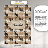 Rustic Deer in Woodland Watercolor Scene Earthy Tones Seamless  Personalised Custom Name Super Soft Fleece Blanket Bed Sofa Throw