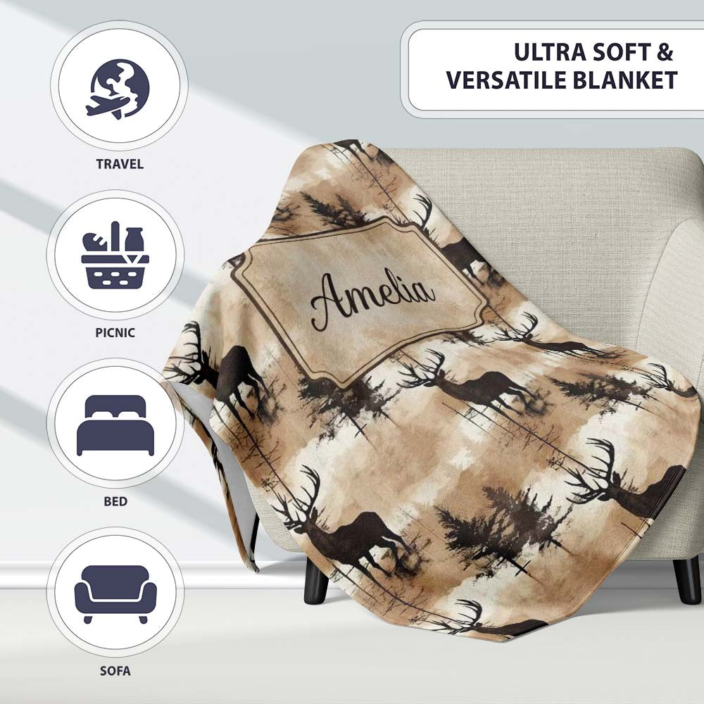 Rustic Deer in Woodland Watercolor Scene Earthy Tones Seamless  Personalised Custom Name Super Soft Fleece Blanket Bed Sofa Throw