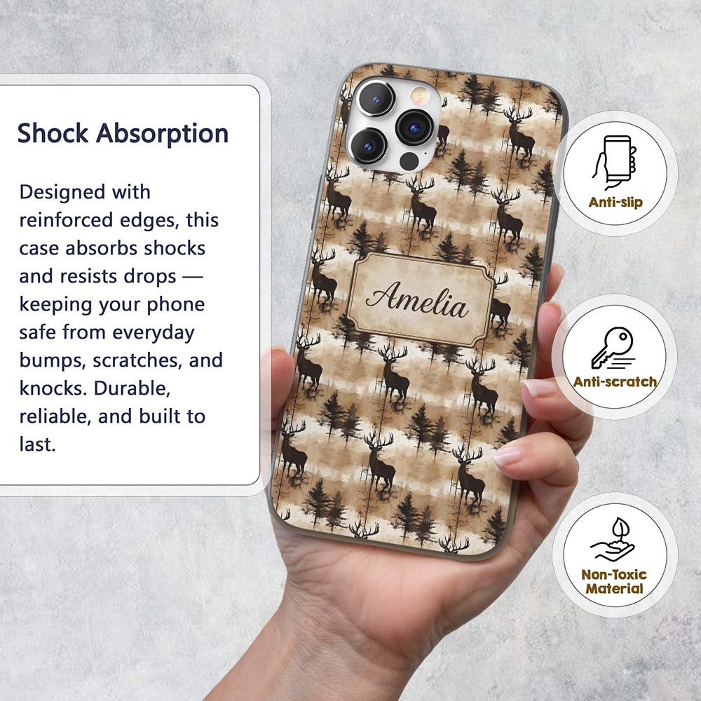 Rustic Deer in Woodland Watercolor Scene Earthy Custom Name Protective Phone Case Mobile Cover Durable Everyday Smartphone Shock Resistant