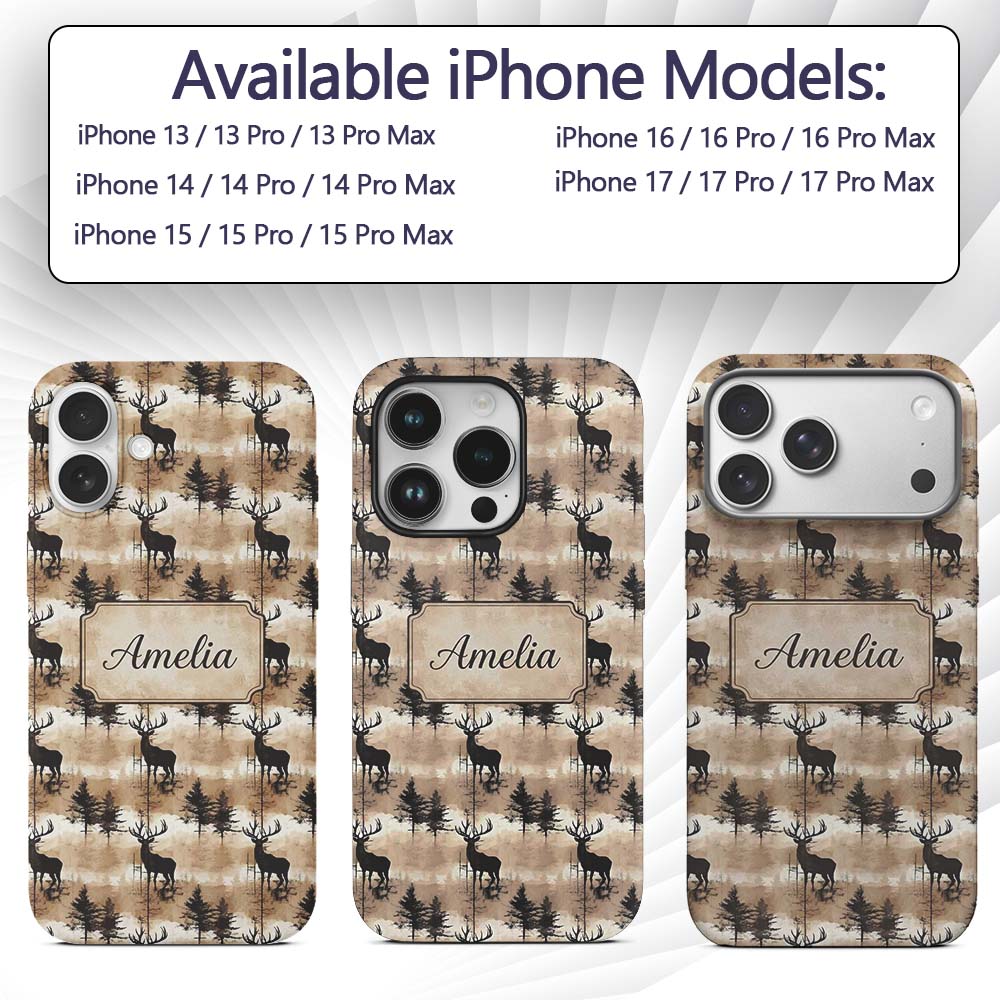 Rustic Deer in Woodland Watercolor Scene Earthy Custom Name Protective Phone Case Mobile Cover Durable Everyday Smartphone Shock Resistant