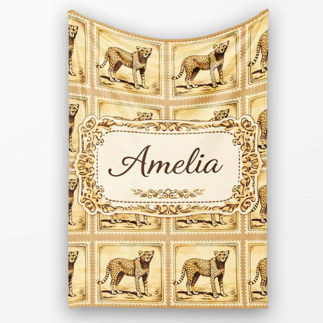 Antique Cheetah Postage Stamp Sepia Safari Wildlife Seamless Pattern  Personalised Custom Name Super Soft Fleece Blanket Bed Sofa Throw