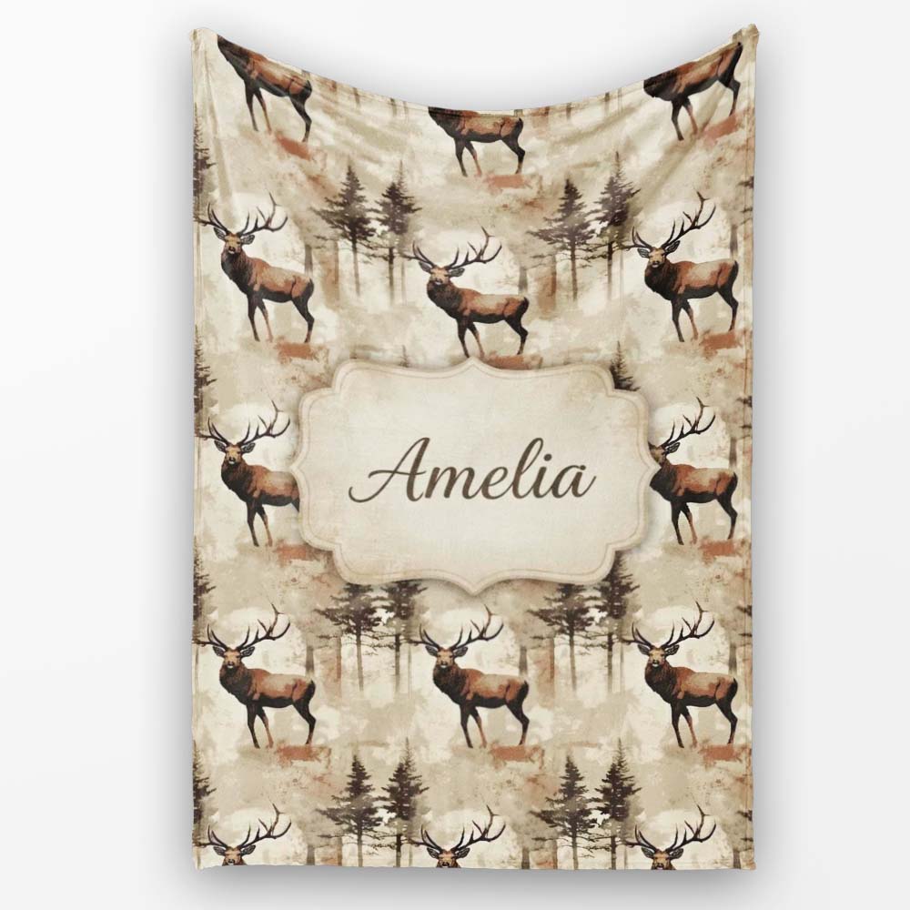 Classic Deer in Forest Landscape Warm Brown Tones Seamless Pattern  Personalised Custom Name Super Soft Fleece Blanket Bed Sofa Throw