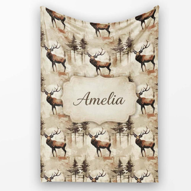 Classic Deer in Forest Landscape Warm Brown Tones Seamless Pattern  Personalised Custom Name Super Soft Fleece Blanket Bed Sofa Throw