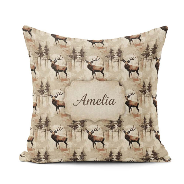 Custom Name Classic Deer in Forest Landscape Warm Brown Seamless Square Filled Cushion Throw Pillow Sofa Bed Home Decor Zip Washable UK Made