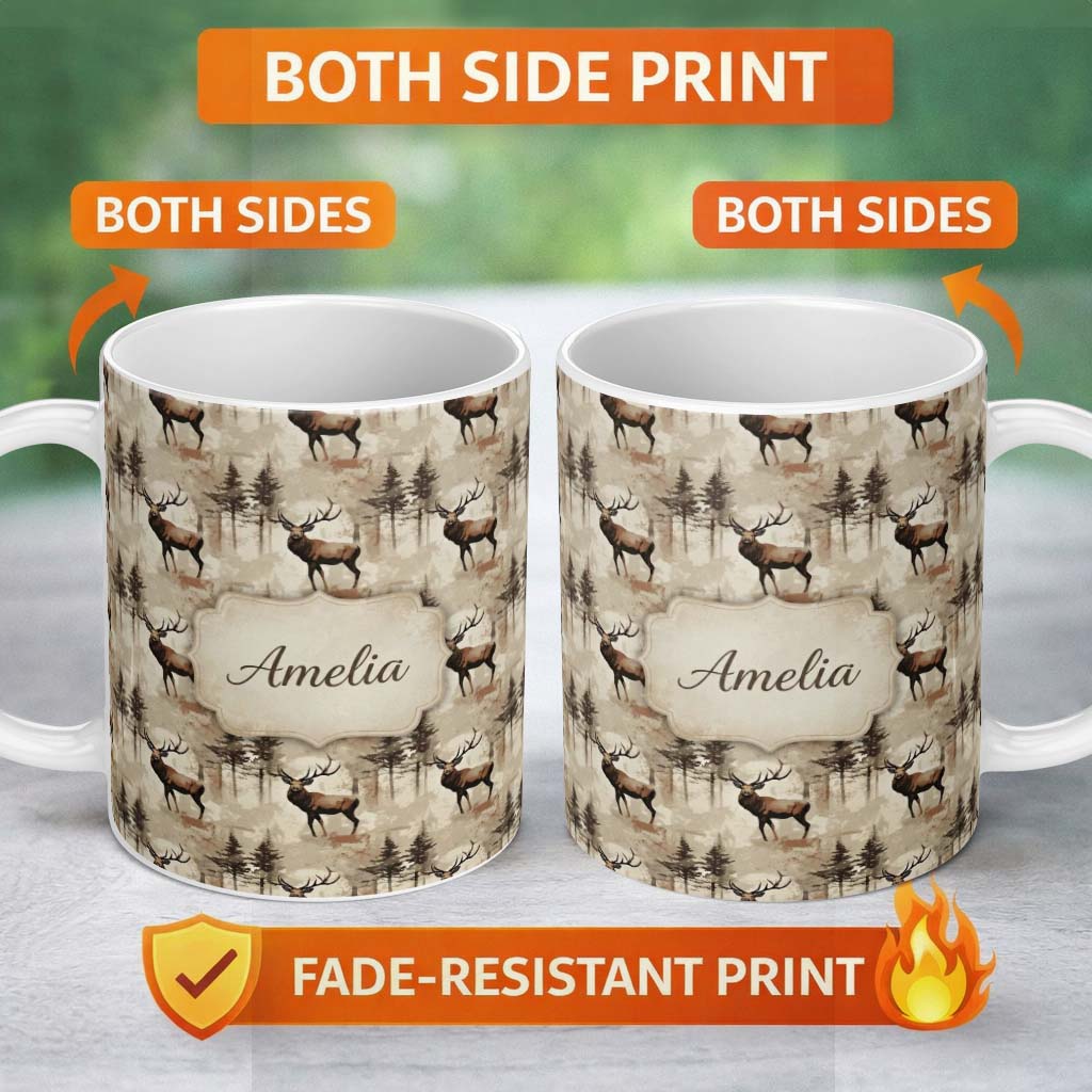Personalized Custom Name Classic Deer in Forest Landscape Warm Brown Tones Seamless Pattern 11oz Ceramic Coffee Tea Mug White Large Handle