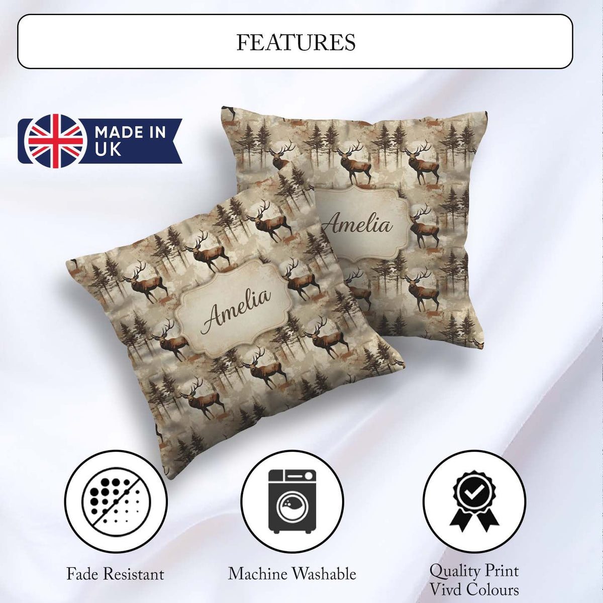 Custom Name Classic Deer in Forest Landscape Warm Brown Seamless Square Filled Cushion Throw Pillow Sofa Bed Home Decor Zip Washable UK Made
