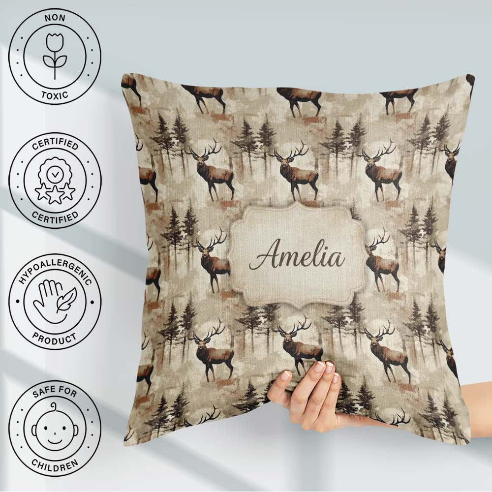 Custom Name Classic Deer in Forest Landscape Warm Brown Seamless Square Filled Cushion Throw Pillow Sofa Bed Home Decor Zip Washable UK Made