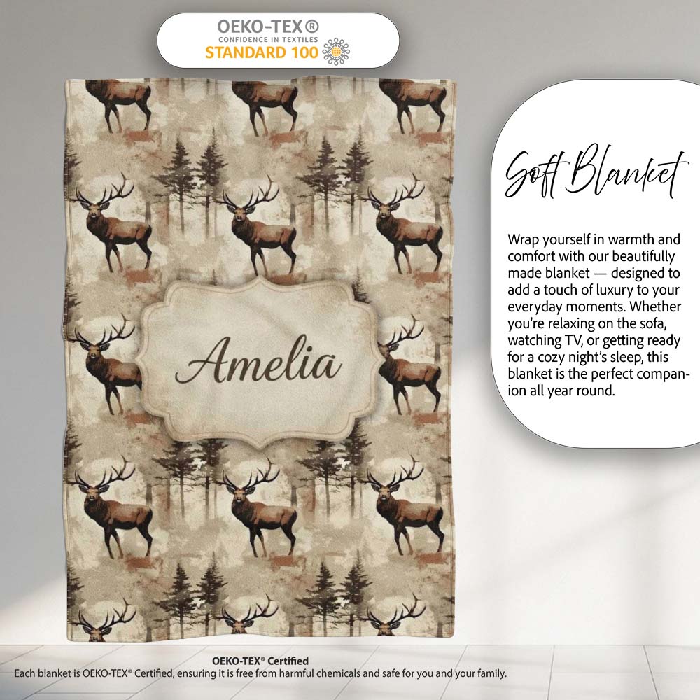Classic Deer in Forest Landscape Warm Brown Tones Seamless Pattern  Personalised Custom Name Super Soft Fleece Blanket Bed Sofa Throw