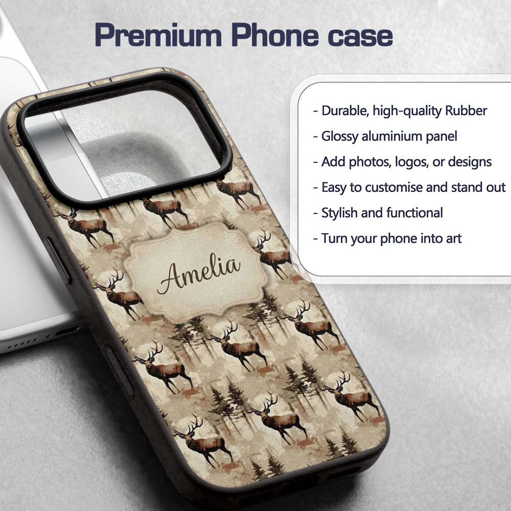 Classic Deer in Forest Landscape Warm Brown Tones Custom Name Protective Phone Case Mobile Cover Durable Everyday Smartphone Shock Resistant