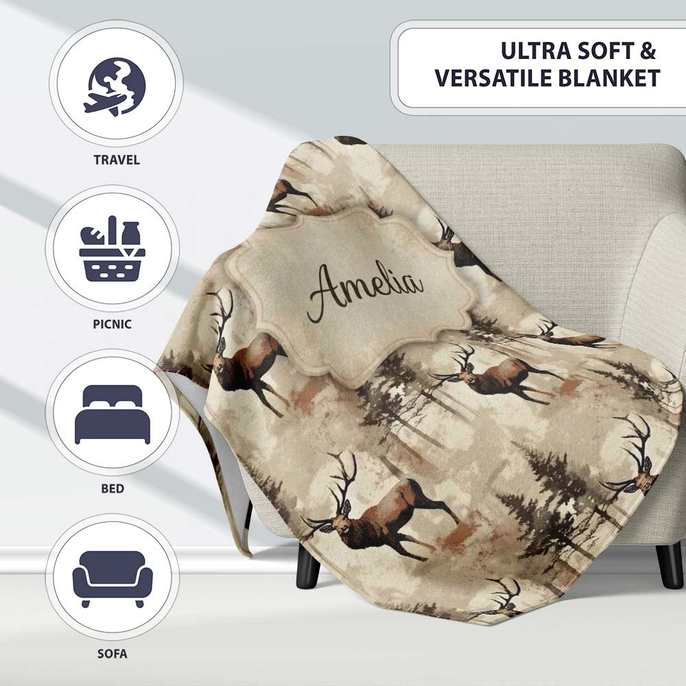 Classic Deer in Forest Landscape Warm Brown Tones Seamless Pattern  Personalised Custom Name Super Soft Fleece Blanket Bed Sofa Throw