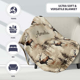 Classic Deer in Forest Landscape Warm Brown Tones Seamless Pattern  Personalised Custom Name Super Soft Fleece Blanket Bed Sofa Throw