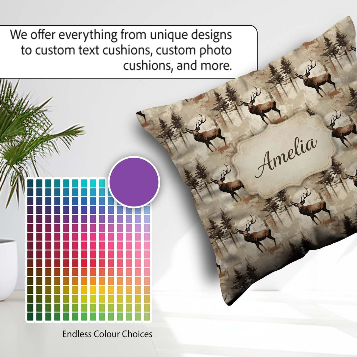 Custom Name Classic Deer in Forest Landscape Warm Brown Seamless Square Filled Cushion Throw Pillow Sofa Bed Home Decor Zip Washable UK Made