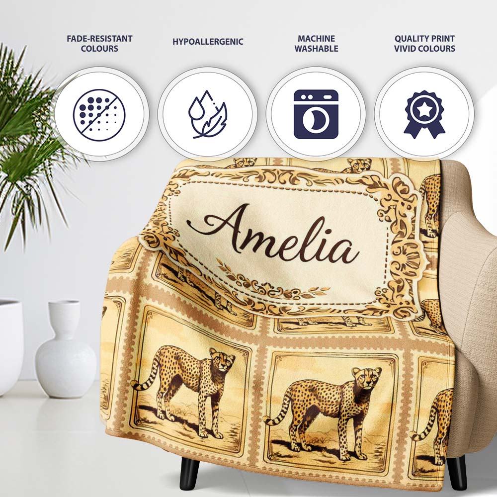 Antique Cheetah Postage Stamp Sepia Safari Wildlife Seamless Pattern  Personalised Custom Name Super Soft Fleece Blanket Bed Sofa Throw