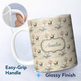 Personalized Custom Name Deer with Autumn Trees and Soft Nature Scene Seamless Pattern Name 11oz Ceramic Coffee Tea Mug White Large Handle