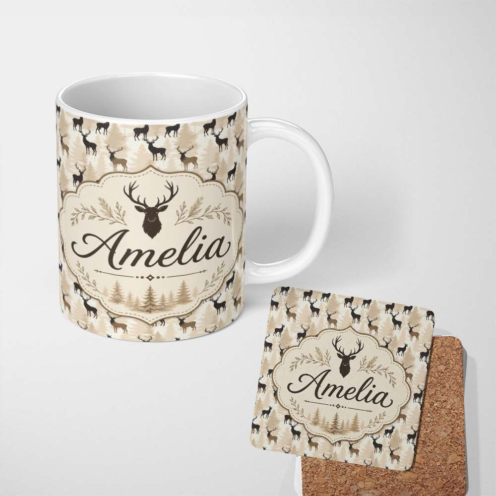 Personalized Custom Name Modern Deer Silhouette with Forest Background Neutral Tones 11oz Ceramic Coffee Tea Mug White Large Handle