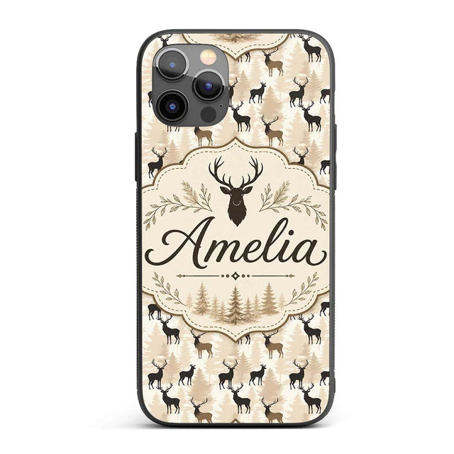 Modern Deer Silhouette with Forest Background Custom Name Protective Phone Case Mobile Cover Durable Everyday Smartphone Shock Resistant