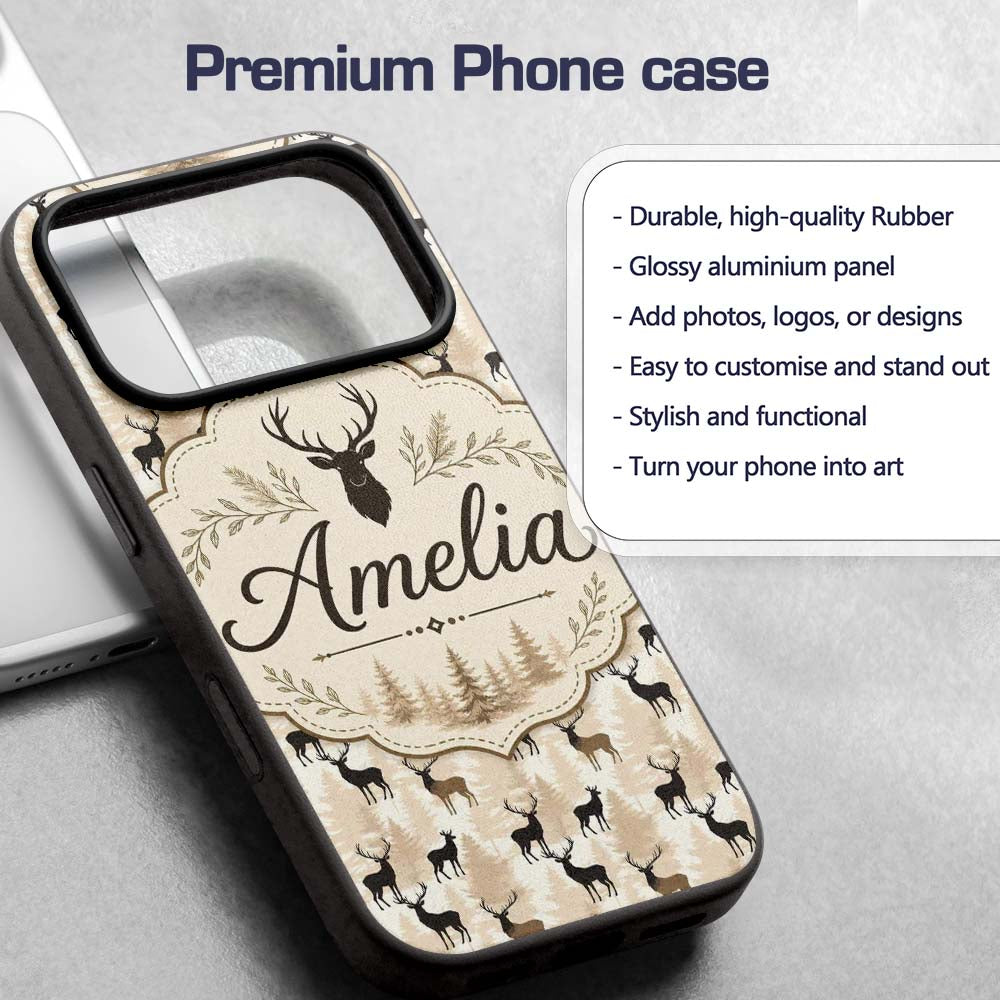 Modern Deer Silhouette with Forest Background Custom Name Protective Phone Case Mobile Cover Durable Everyday Smartphone Shock Resistant
