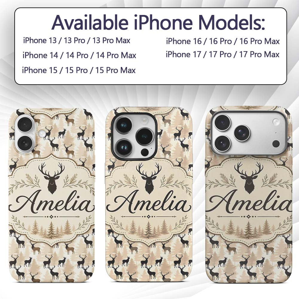 Modern Deer Silhouette with Forest Background Custom Name Protective Phone Case Mobile Cover Durable Everyday Smartphone Shock Resistant
