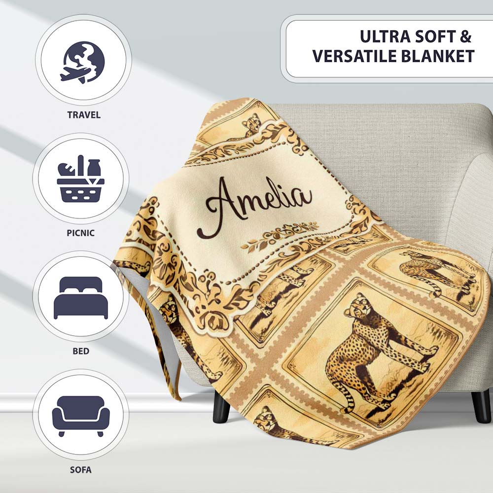 Antique Cheetah Postage Stamp Sepia Safari Wildlife Seamless Pattern  Personalised Custom Name Super Soft Fleece Blanket Bed Sofa Throw