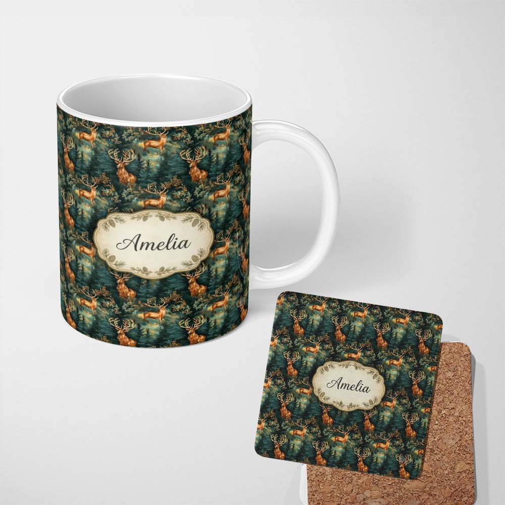 Personalized Custom Name Majestic Deer in Deep Forest Rich Green Nature Seamless Pattern 11oz Ceramic Coffee Tea Mug White Large Handle