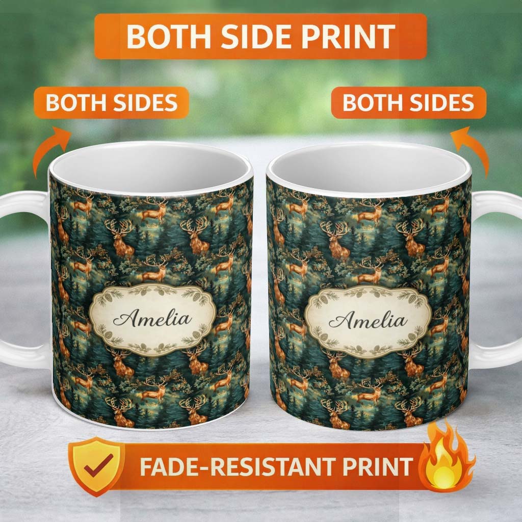 Personalized Custom Name Majestic Deer in Deep Forest Rich Green Nature Seamless Pattern 11oz Ceramic Coffee Tea Mug White Large Handle