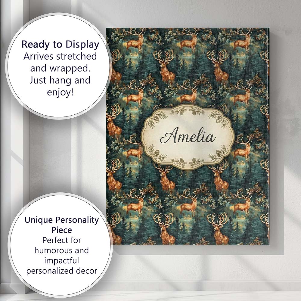 Personalised Name Majestic Deer in Deep Custom  Modern Room Accent Elegant Feature Canvas Wall Art Print Decor Picture Ready to Hang