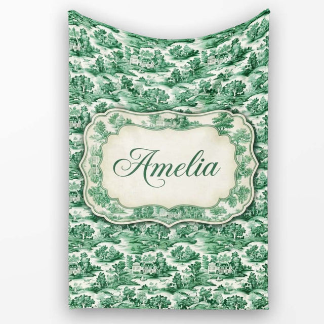 Classic Green Toile Countryside Village Scenic Landscape Seamless  Personalised Custom Name Super Soft Fleece Blanket Bed Sofa Throw