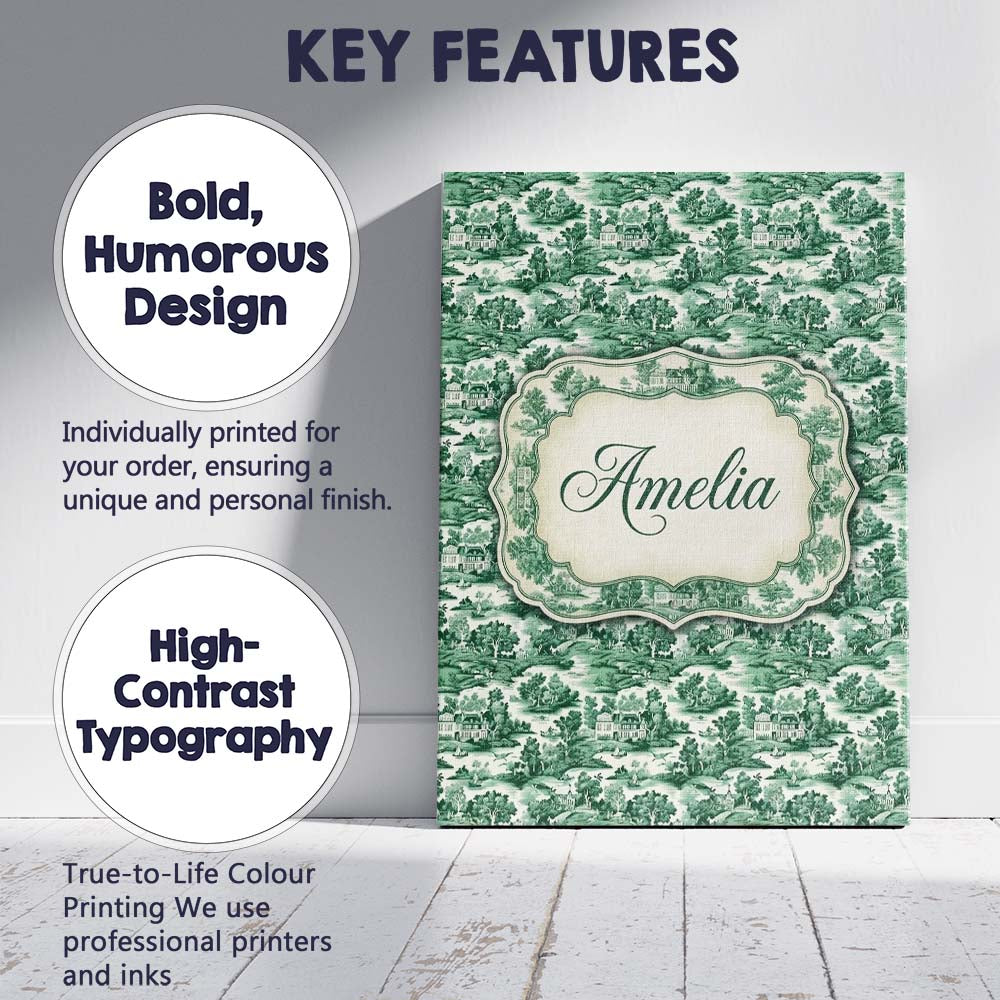 Personalised Name Classic Green Toile Custom Modern Room Accent Creative Decorator Style Canvas Wall Art Print Decor Picture Ready to Hang