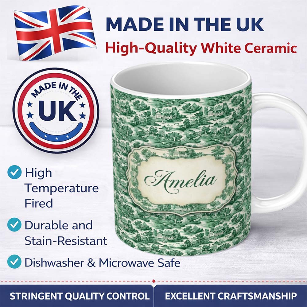 Personalized Custom Name Classic Green Toile Countryside Village Scenic Landscape Seamless 11oz Ceramic Coffee Tea Mug White Large Handle
