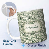 Personalized Custom Name Vintage Pastoral Village River and Trees Scenic Toile Seamless 11oz Ceramic Coffee Tea Mug White Large Handle