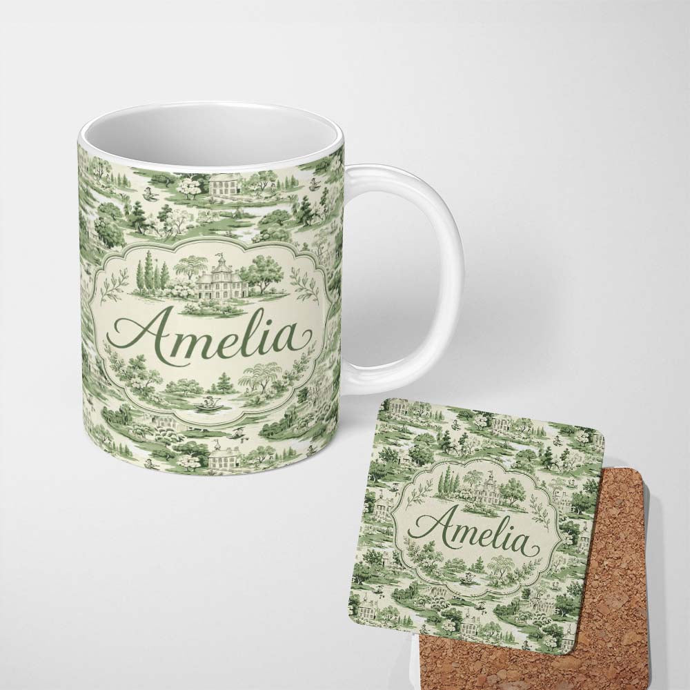 Personalized Custom Name Elegant Countryside Estate Garden Scenic Toile Design Seamless 11oz Ceramic Coffee Tea Mug White Large Handle