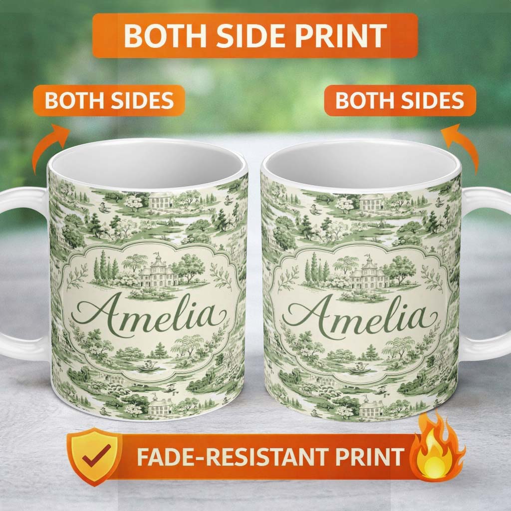 Personalized Custom Name Elegant Countryside Estate Garden Scenic Toile Design Seamless 11oz Ceramic Coffee Tea Mug White Large Handle