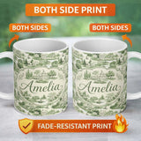 Personalized Custom Name Elegant Countryside Estate Garden Scenic Toile Design Seamless 11oz Ceramic Coffee Tea Mug White Large Handle