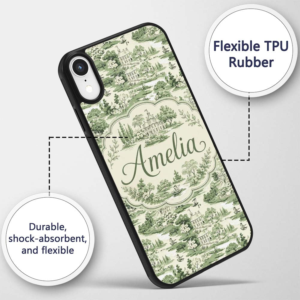 Elegant Countryside Estate Garden Scenic Toile Custom Name Protective Phone Case Mobile Cover Durable Everyday Smartphone Shock Resistant