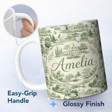 Personalized Custom Name Elegant Countryside Estate Garden Scenic Toile Design Seamless 11oz Ceramic Coffee Tea Mug White Large Handle