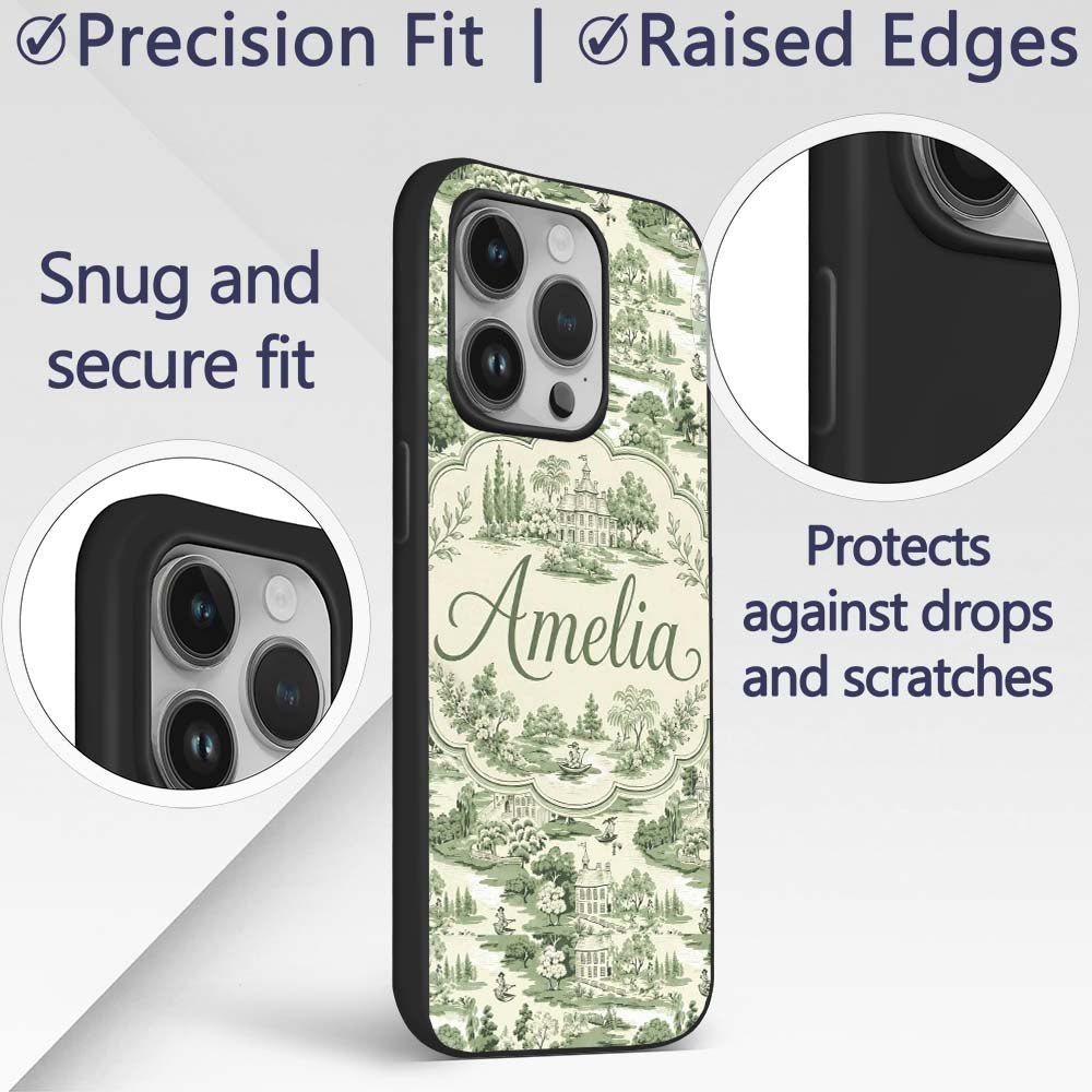 Elegant Countryside Estate Garden Scenic Toile Custom Name Protective Phone Case Mobile Cover Durable Everyday Smartphone Shock Resistant