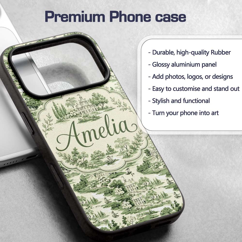 Elegant Countryside Estate Garden Scenic Toile Custom Name Protective Phone Case Mobile Cover Durable Everyday Smartphone Shock Resistant