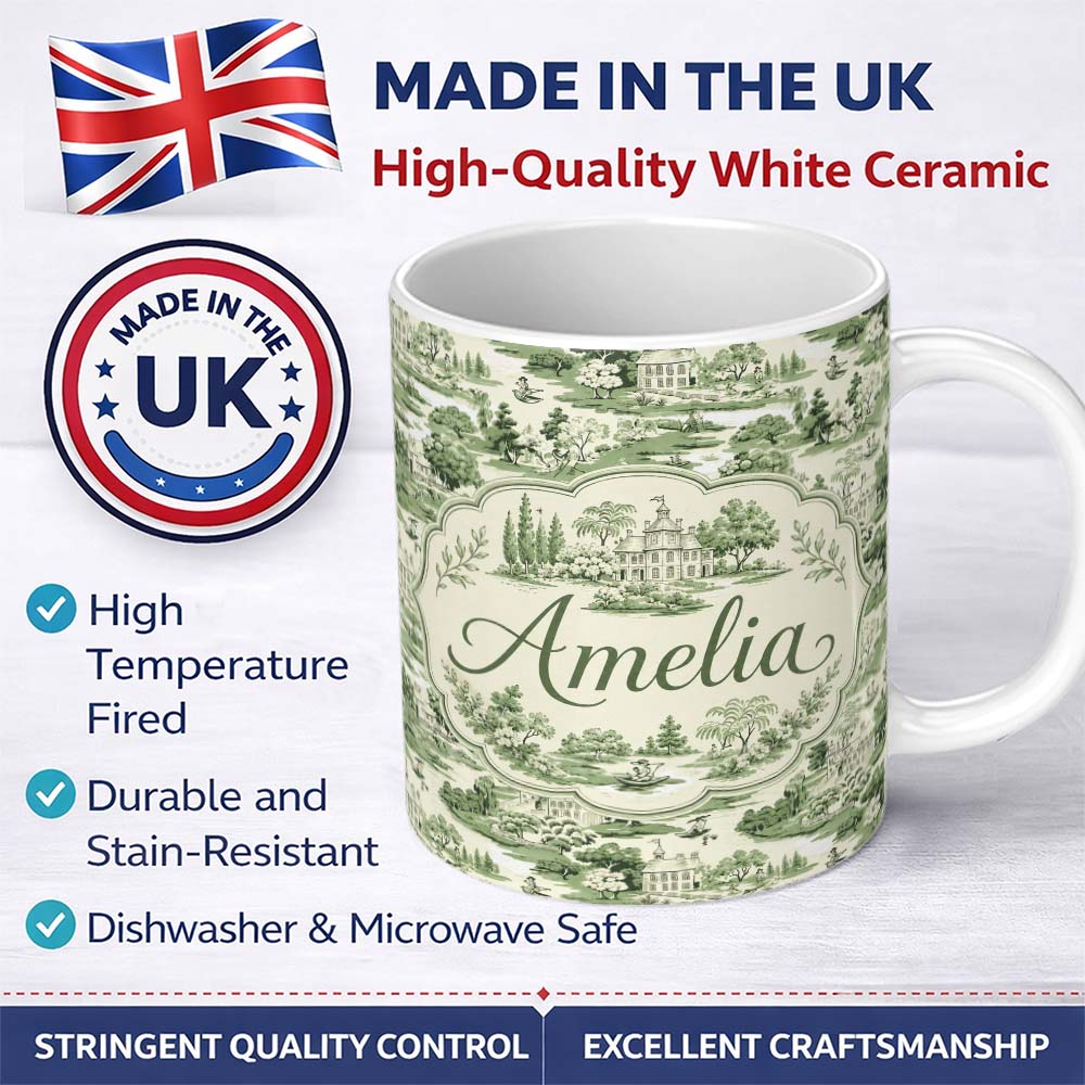 Personalized Custom Name Elegant Countryside Estate Garden Scenic Toile Design Seamless 11oz Ceramic Coffee Tea Mug White Large Handle