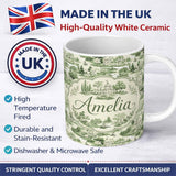 Personalized Custom Name Elegant Countryside Estate Garden Scenic Toile Design Seamless 11oz Ceramic Coffee Tea Mug White Large Handle