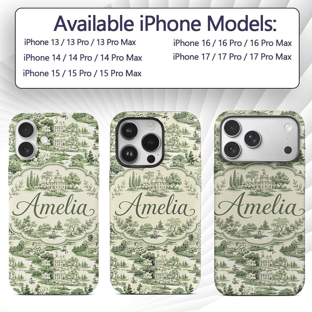 Elegant Countryside Estate Garden Scenic Toile Custom Name Protective Phone Case Mobile Cover Durable Everyday Smartphone Shock Resistant