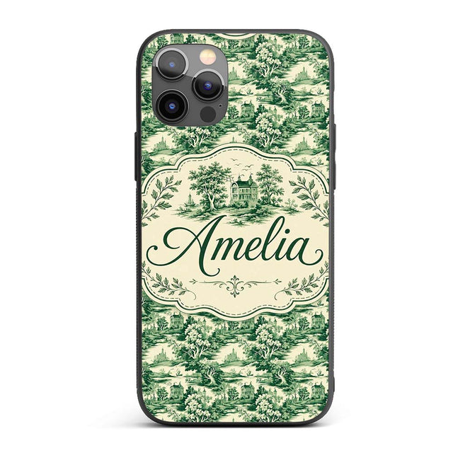 Traditional Green Toile Woodland Estate Scenic Custom Name Protective Phone Case Mobile Cover Durable Everyday Smartphone Shock Resistant
