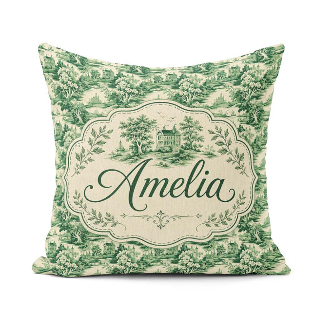 Custom Name Green Toile Woodland Estate Scenic Nature Seamless Square Filled Cushion Throw Pillow Sofa Bed Home Decor Zip Washable UK Made