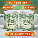 Personalized Custom Name Traditional Green Toile Woodland Estate Scenic Nature Seamless 11oz Ceramic Coffee Tea Mug White Large Handle