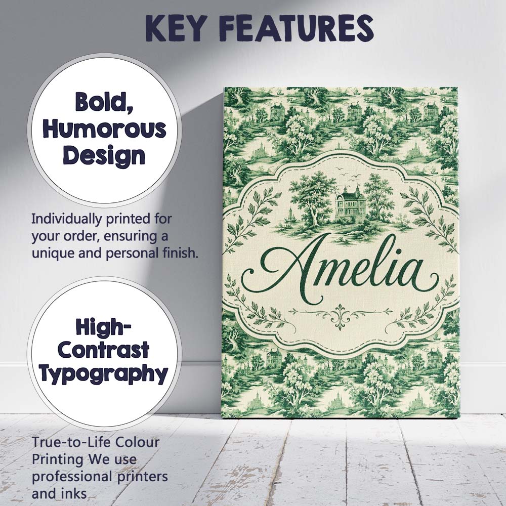 Personalised Name Traditional Green Toile Custom  Unique Gift Idea Elegant Feature Canvas Wall Art Print Decor Picture Ready to Hang