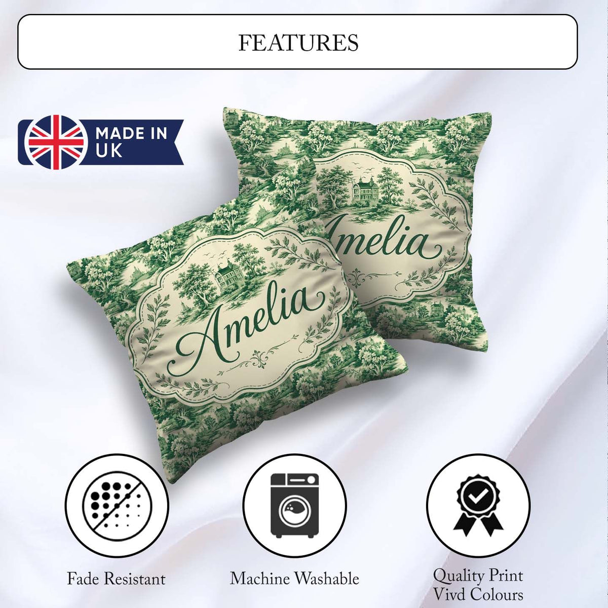 Custom Name Green Toile Woodland Estate Scenic Nature Seamless Square Filled Cushion Throw Pillow Sofa Bed Home Decor Zip Washable UK Made