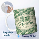Personalized Custom Name Traditional Green Toile Woodland Estate Scenic Nature Seamless 11oz Ceramic Coffee Tea Mug White Large Handle