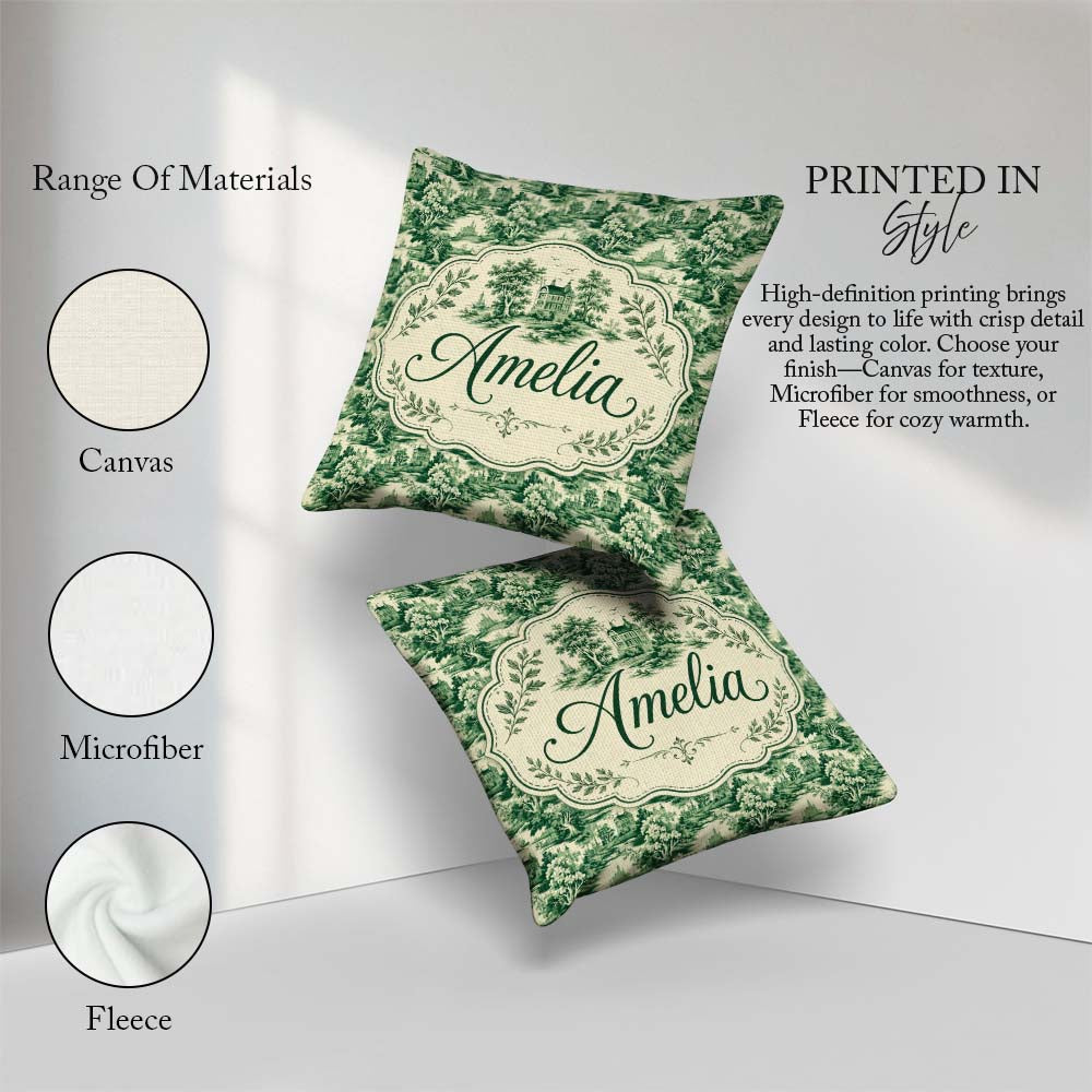 Custom Name Green Toile Woodland Estate Scenic Nature Seamless Square Filled Cushion Throw Pillow Sofa Bed Home Decor Zip Washable UK Made