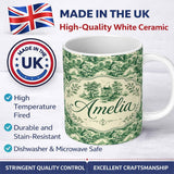 Personalized Custom Name Traditional Green Toile Woodland Estate Scenic Nature Seamless 11oz Ceramic Coffee Tea Mug White Large Handle