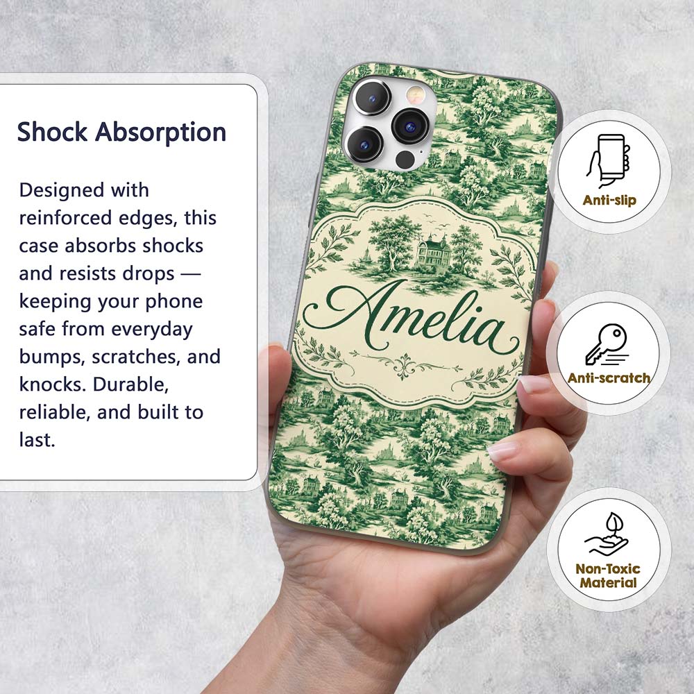Traditional Green Toile Woodland Estate Scenic Custom Name Protective Phone Case Mobile Cover Durable Everyday Smartphone Shock Resistant